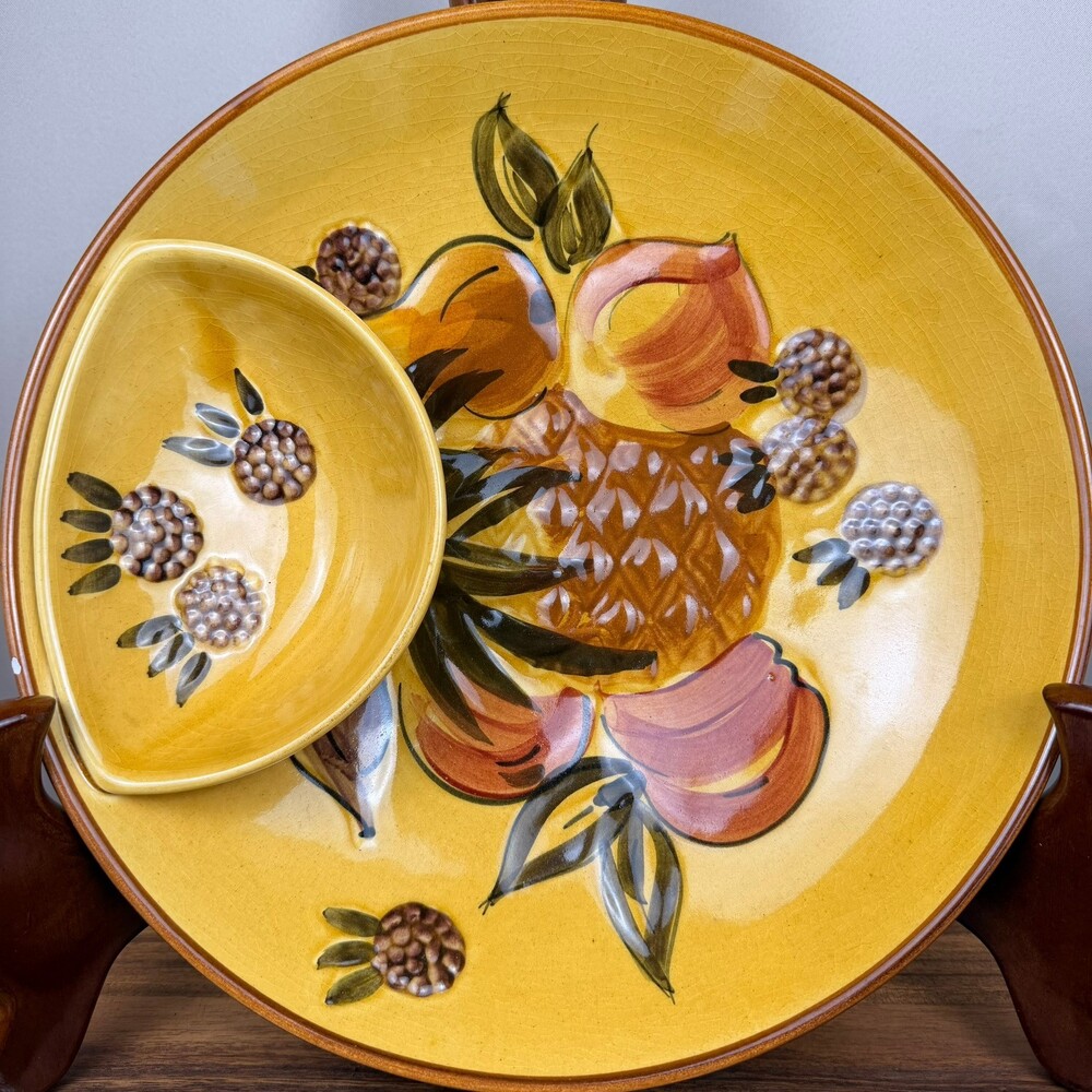 VTG MCM Los Angeles Pottery Hand Painted Fruit 14” Chip n' Dip Bowl